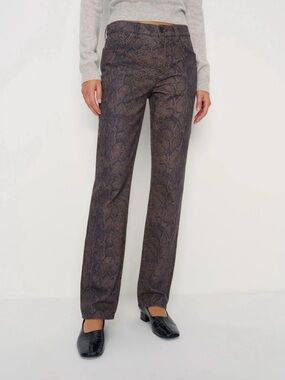 Reformation Dark Brown Snake-Print Straight Leg Pants